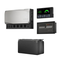 A collection of EcoFlow power system components including a power hub, a battery, a distribution panel, and a power kit console.