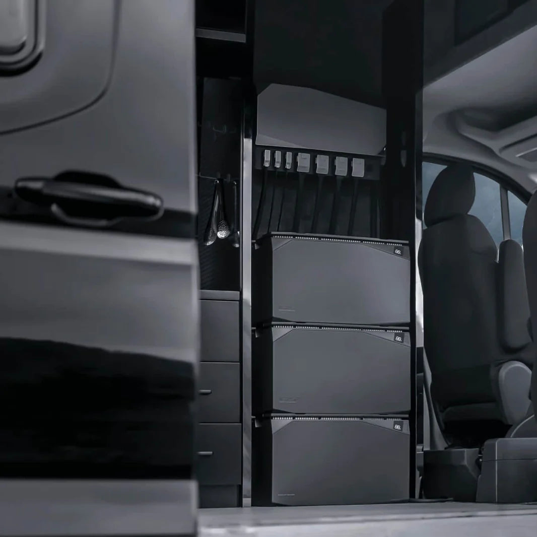 3 ecoflow powerkit batteries stacked - in a van