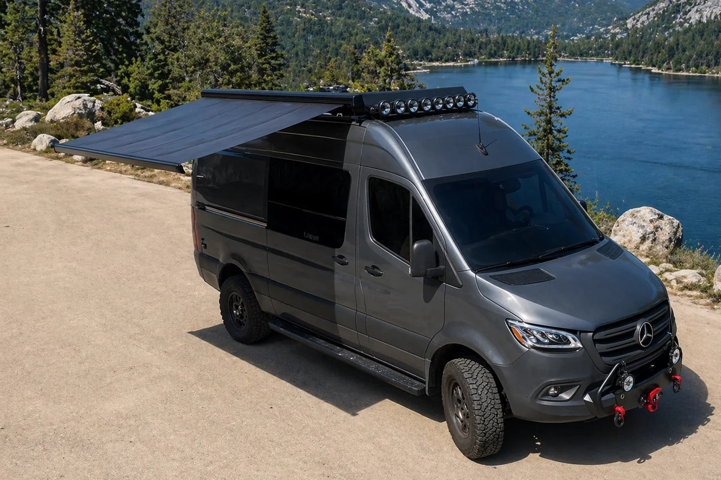 Legless Girard GG750 solar awning extended on a camper van