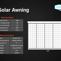 Technical specifications of a 10' solar awning with brand logos on a black background.