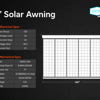 11'8" Solar Awning with electrical and mechanical specifications on a black background
