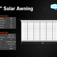 Technical specifications of a 13'6" solar awning with brand logos on a black background.