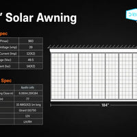 Technical specifications of a 15'4" Solar Awning with Orion and Girard branding.