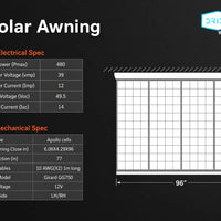 8' Solar Awning specifications with Orion Van Canopy branding on a black background