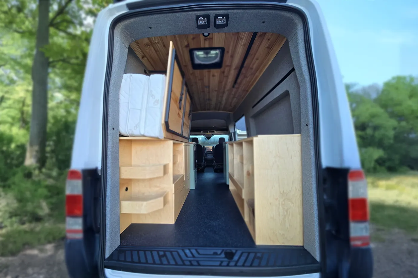 Ford Transit High Roof rear door trim installed at back doors - grey