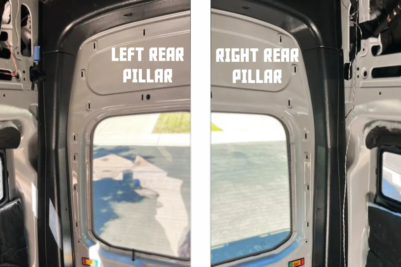 Ford Transit High Roof rear door trim installed at back doors - left and right rear pillars