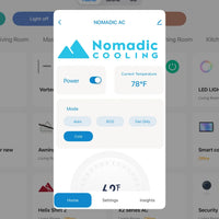 Nomadic Cooling app interface on a smartphone with a blurred home screen background