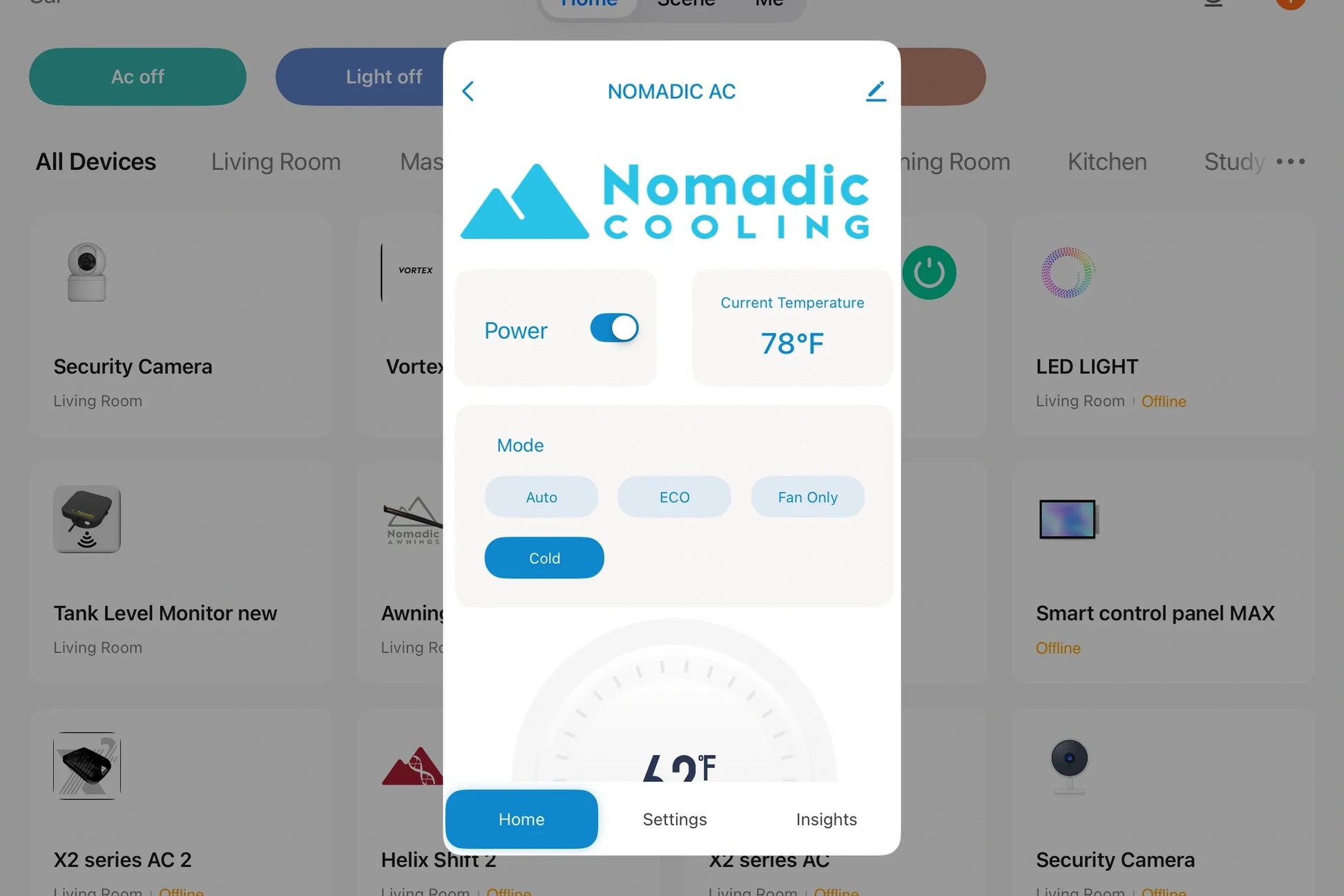 Nomadic Cooling app interface on a smartphone with a blurred home screen background