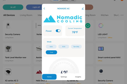 Nomadic Cooling app interface on a smartphone with a blurred home screen background