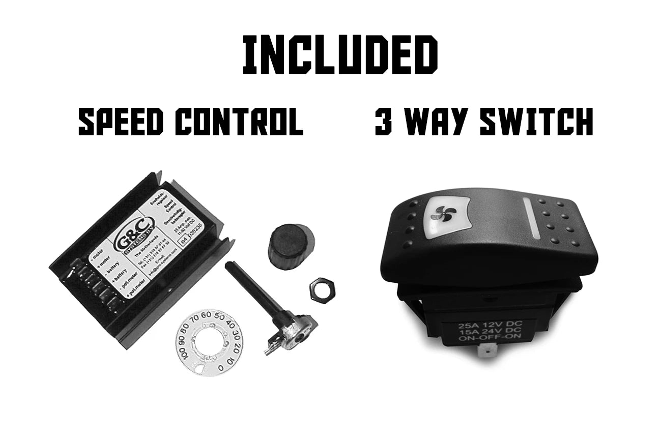 Speed control and 3-way switch components with GRC branding on a white background.