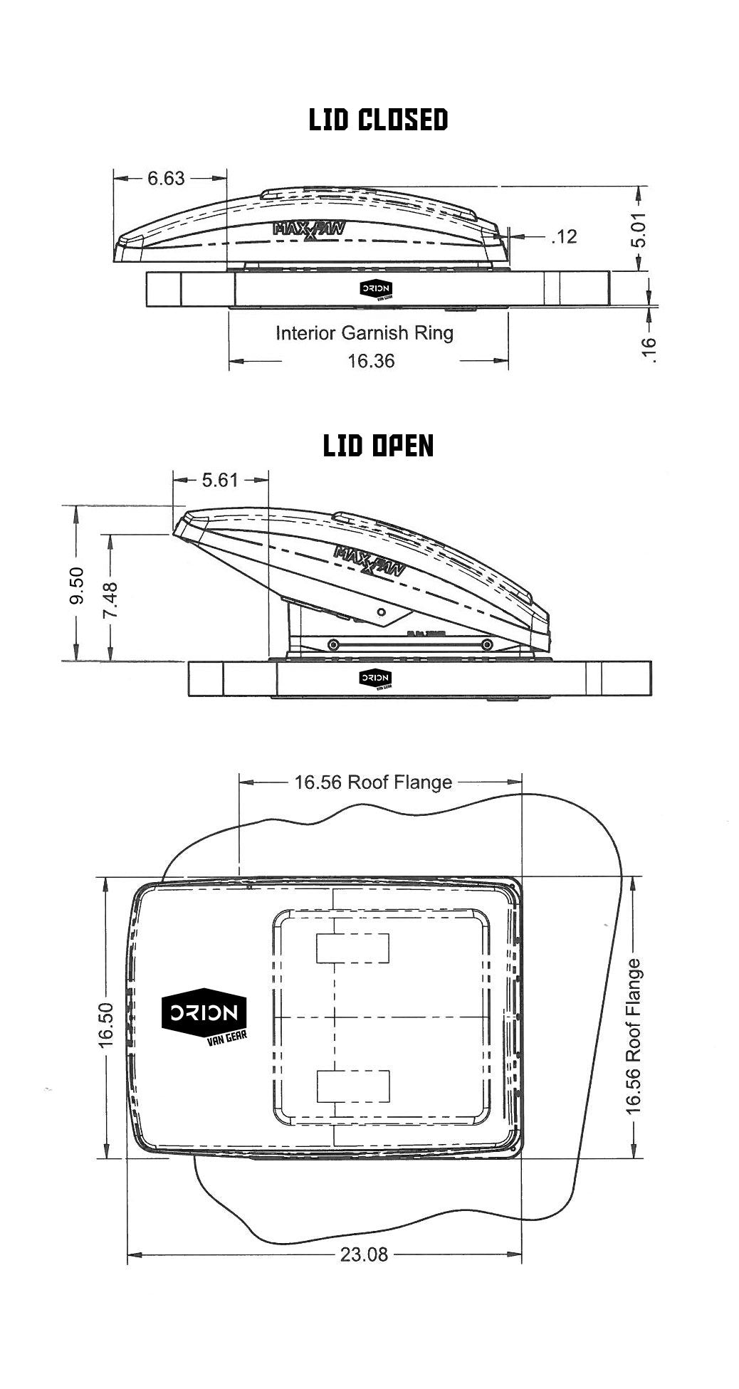 MAXXAIR Maxxfan Deluxe Camper Van Roof Vent Fan 00-07500K model Specifications with lid opened and closed.