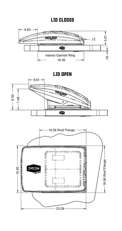 MAXXAIR Maxxfan Deluxe Camper Van Roof Vent Fan 00-07500K model Specifications with lid opened and closed.