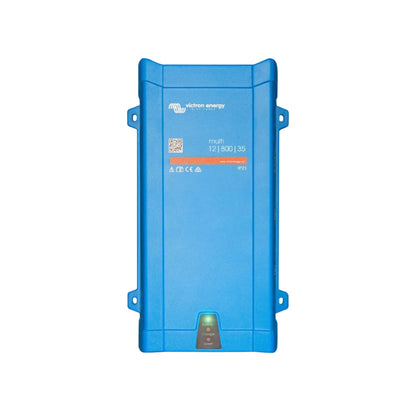 Blue Victron Energy power converter on a white background
