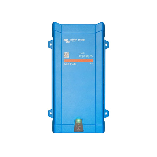 Blue Victron Energy power converter on a white background