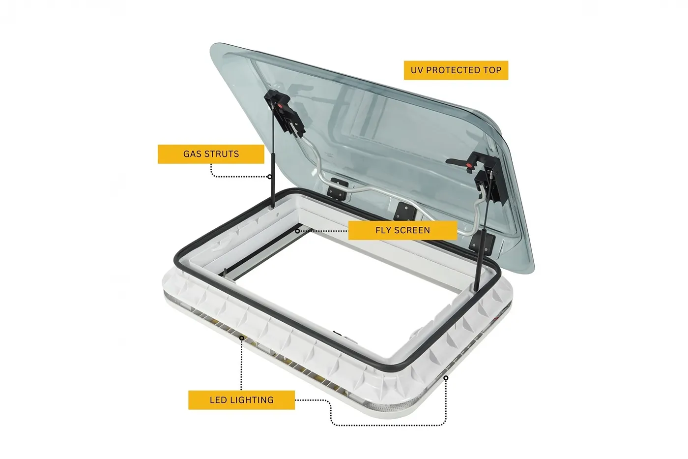 NomadicArk 700 x 500mm van and RV skylight roof hatch features