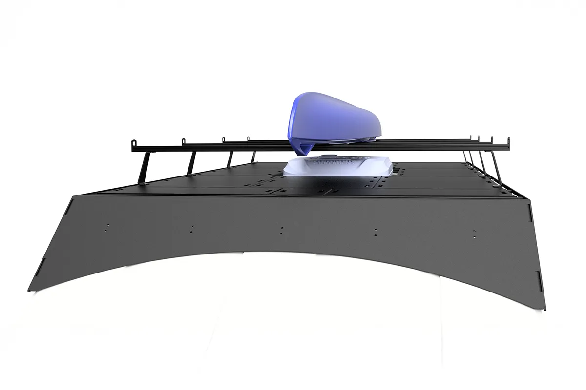 Orion Van Gear Riser Bar Kit holding a kayak above an air conditioner on transit van with full walkable deck platform 
