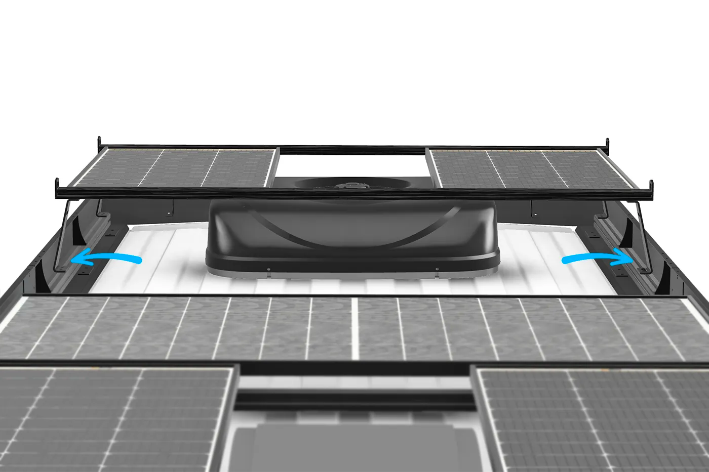 Solar panel system on orion promaster roof rack with riser bar kit over AC
