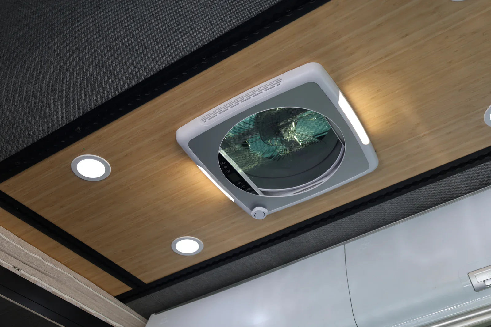 Integrated dual 2W LED lights illuminating van interior beneath ProBreeze roof vent