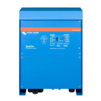 Blue Victron Energy Quattro battery charger and inverter on a white background