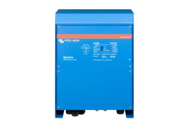 Blue Victron Energy Quattro battery charger and inverter on a white background