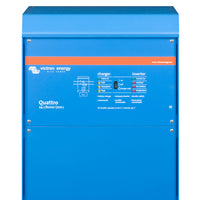 Blue Victron Energy Quattro battery charger and inverter on a white background