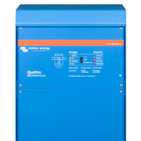 Blue Victron Energy Quattro battery charger and inverter on a white background