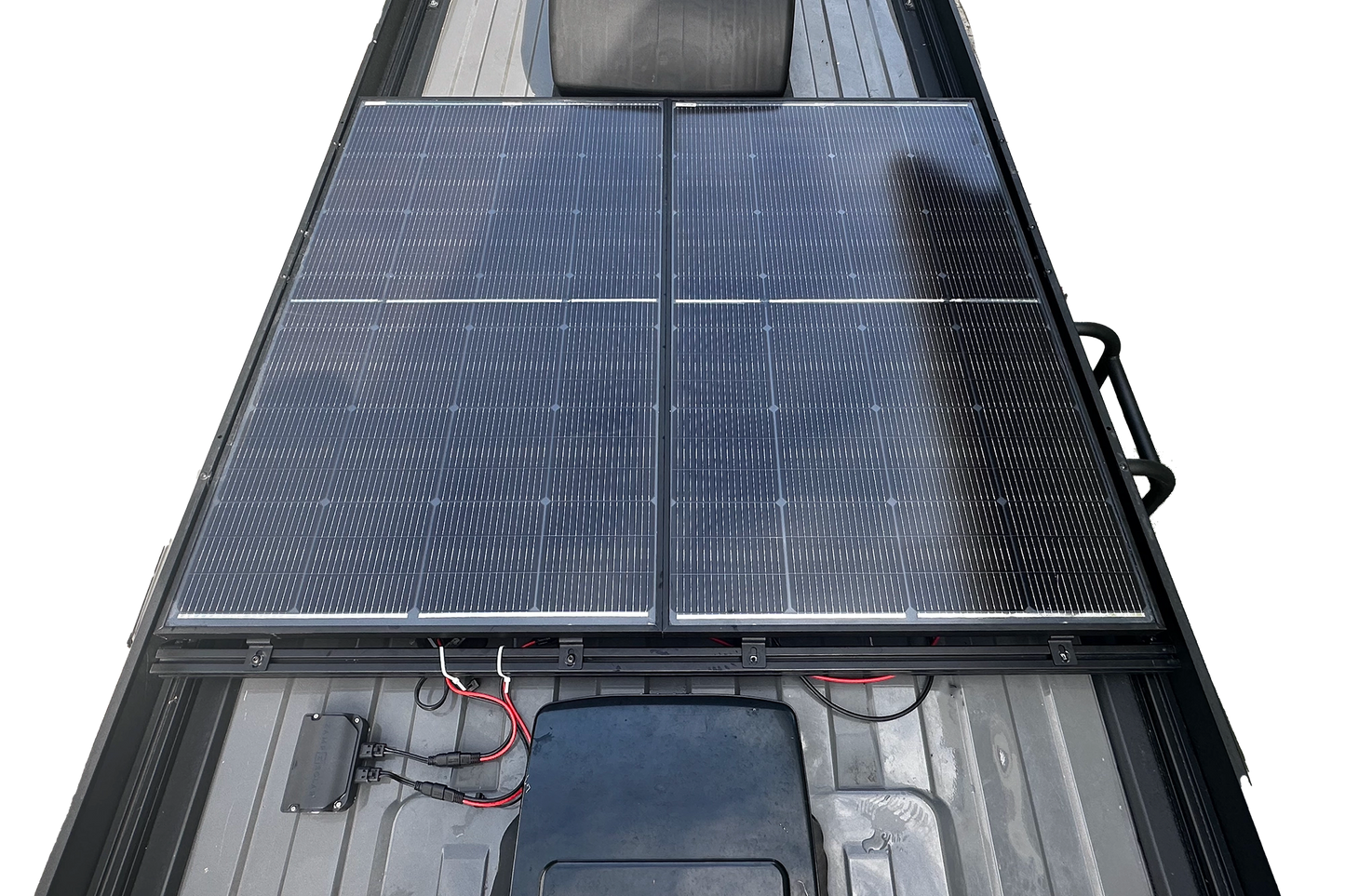 Solis Pocket 400w Solar Panel Upgrade Kit installed on orion roof rack, utilizing factory roof entry gland,  seamless integration