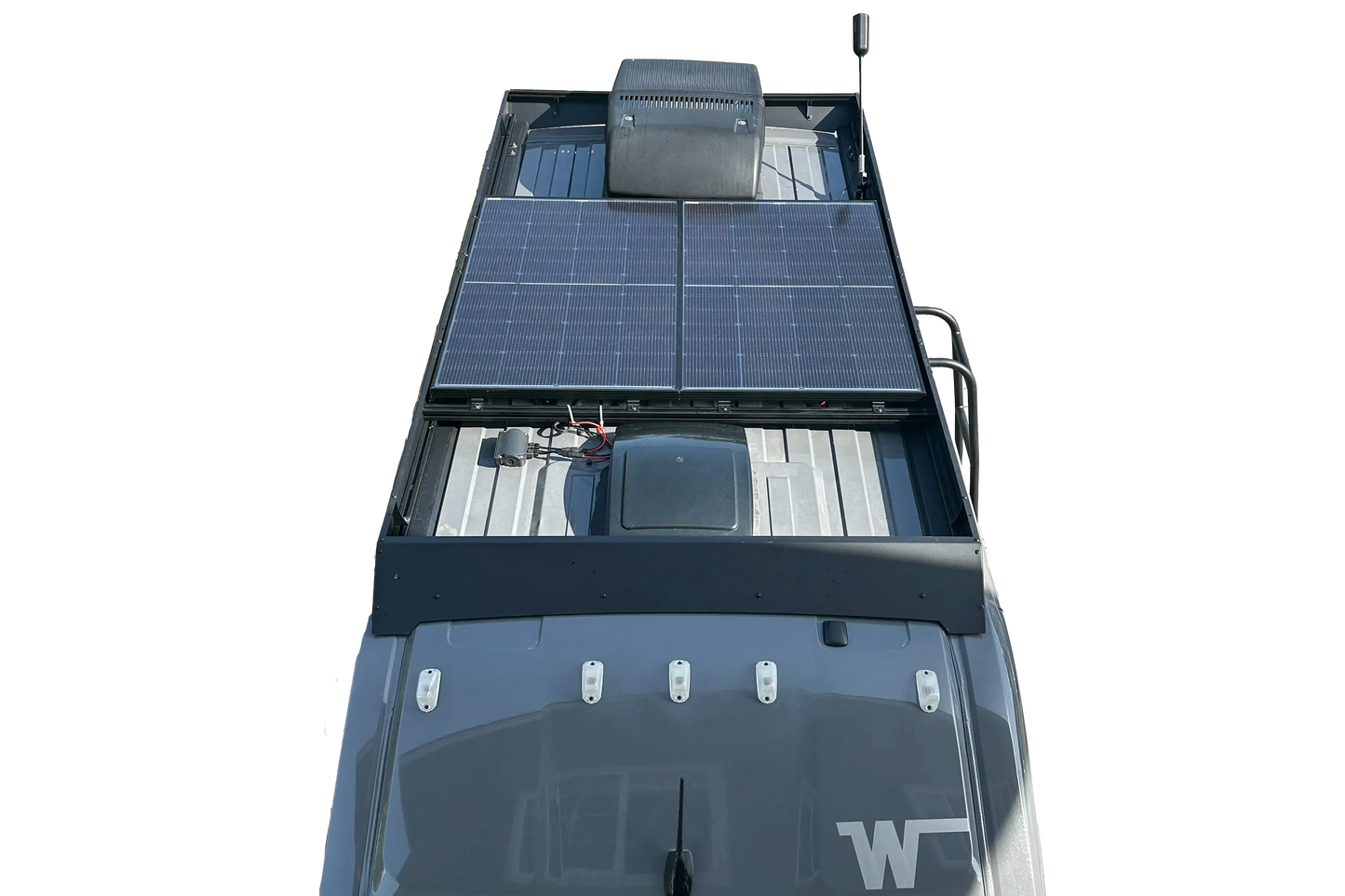 Solis Pocket Solar Panel Upgrade Kit installed, utilizing factory roof entry gland, with original panel connected and all wires and adaptors included for seamless integration