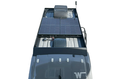 Solis Pocket Solar Panel Upgrade Kit installed, utilizing factory roof entry gland, with original panel connected and all wires and adaptors included for seamless integration