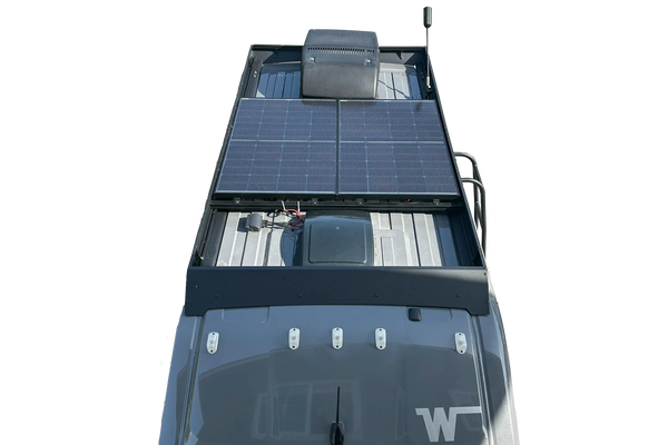 Solis Pocket Solar Panel Upgrade Kit installed, utilizing factory roof entry gland, with original panel connected and all wires and adaptors included for seamless integration