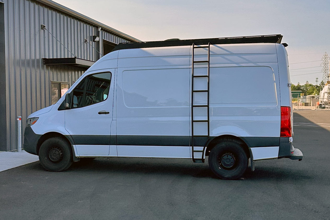 Sprinter wheel wrap side ladder with orion van gear roof rack 