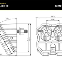 Technical dimension diagram for the Stage Series Rock Light, showing side and front views with measurements and labels on a white background with a black header.
