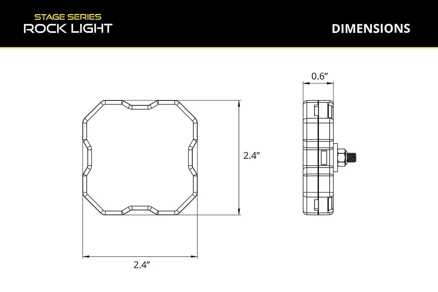 Technical drawing of a product with dimensions labeled, featuring 'Stage Series Rock Light' branding.