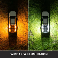 A side-by-side comparison of a Diode Dynamics 4-pack of stage lights illuminating different light patterns on grass and dirt. The left panel shows a amber light beam, and the right panel shows a bright white light beam, with the text 'WIDE AREA ILLUMINATION' at the bottom.