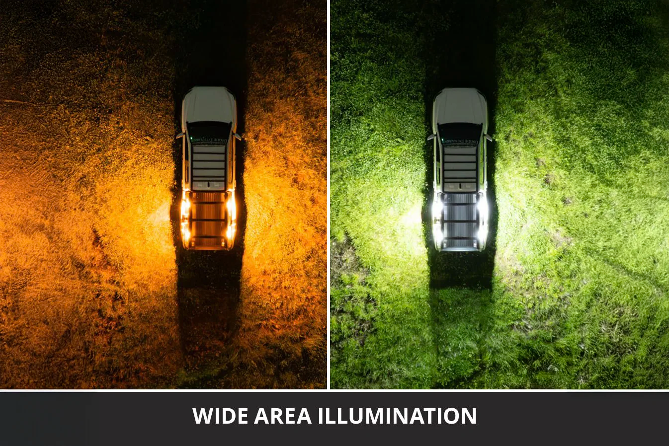 A side-by-side comparison of a Diode Dynamics 4-pack of stage lights illuminating different light patterns on grass and dirt. The left panel shows a amber light beam, and the right panel shows a bright white light beam, with the text 'WIDE AREA ILLUMINATION' at the bottom.