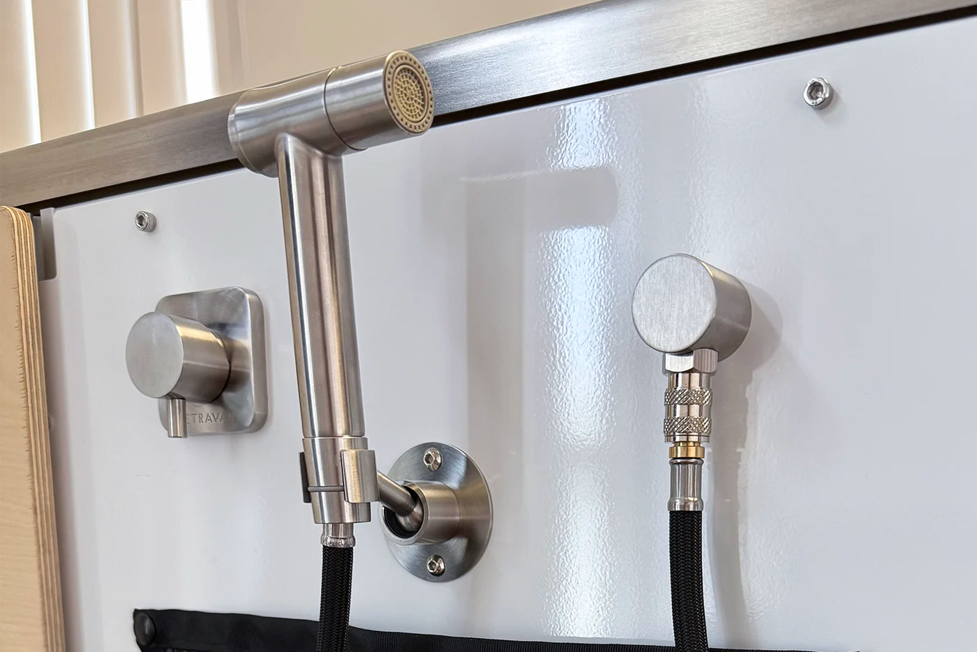 Stainless steel RV and marine shower port with hot and cold mixer valve