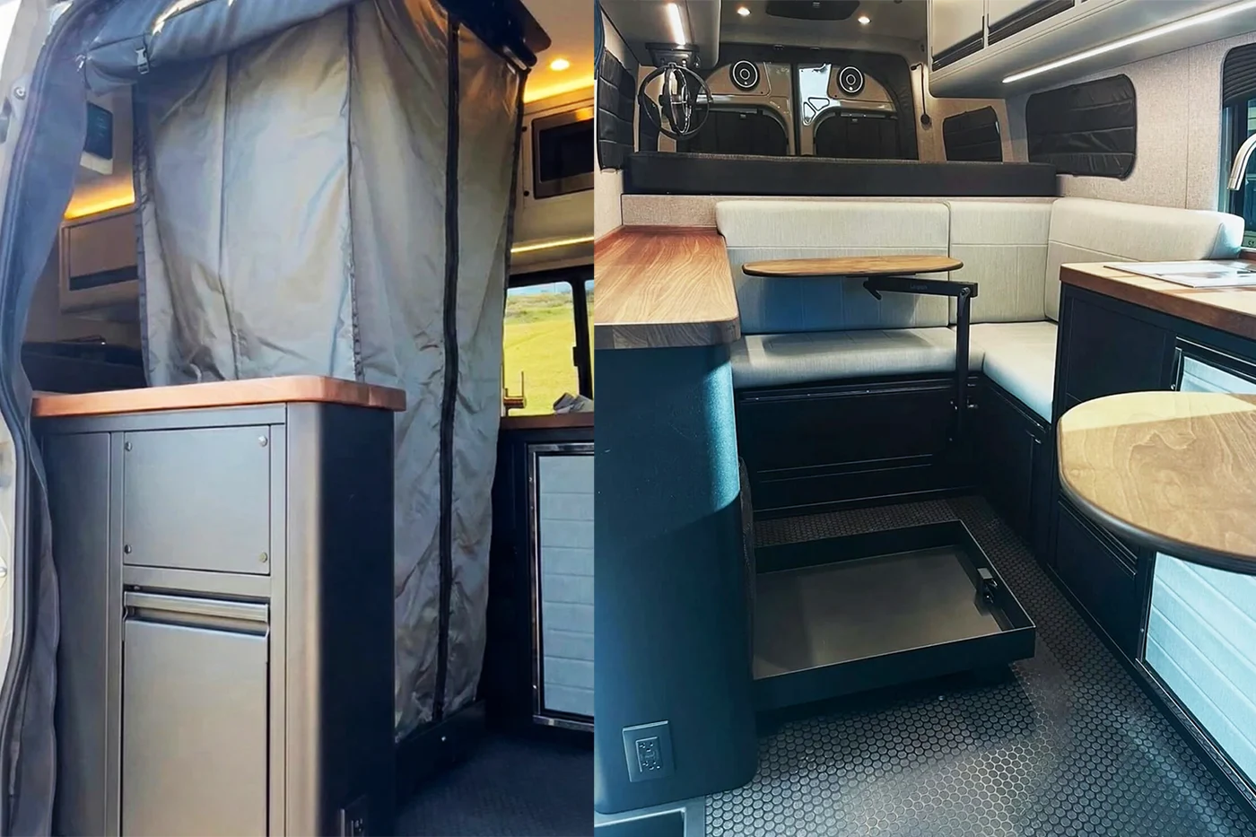 Cabinet mount layout for Tetravan Folding Shower in a camper van
