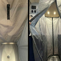 Tetravan in-floor shower pan paired with waterproof shower curtain