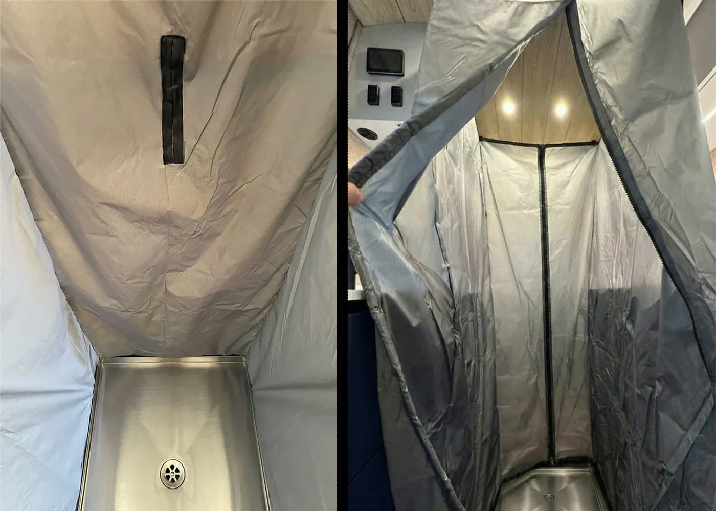 Tetravan in-floor shower pan paired with waterproof shower curtain