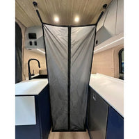 Tetravan in-floor shower pan with optional magnetic shower curtain