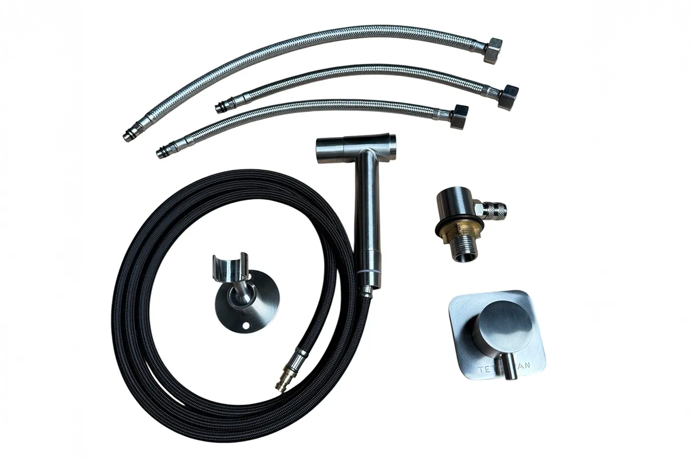 Set of plumbing components including hoses and connectors on a white background for van