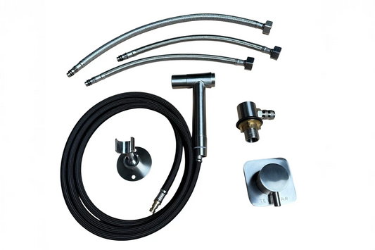 Set of plumbing components including hoses and connectors on a white background for van