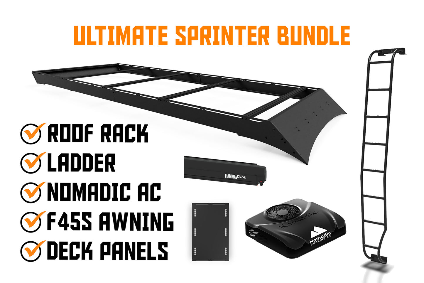 Ultimate sprinter van bundle kit that includes roof rack, ladder, AC, f45s awning, and deck panels