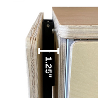 Wooden drawer with a measurement label indicating 1.25 inches.