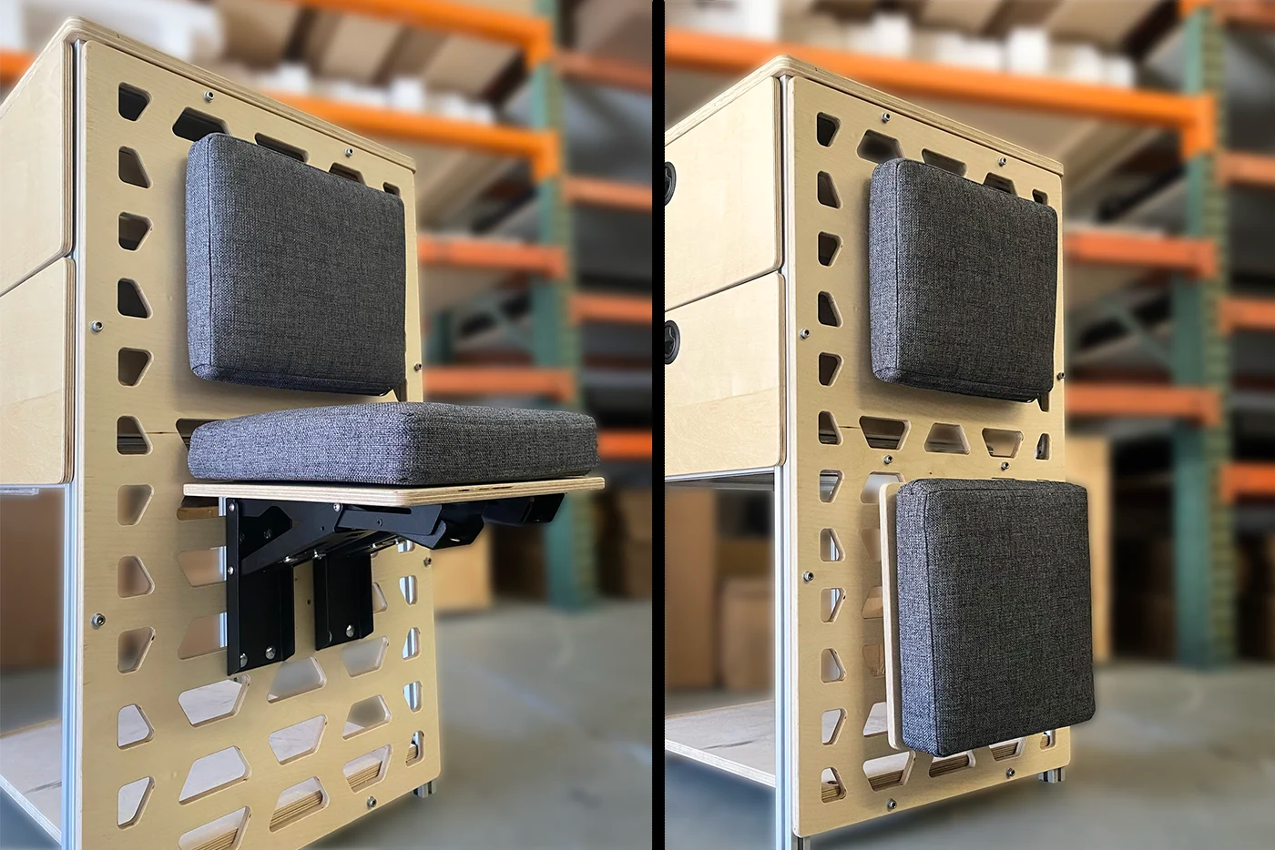 Compact folding seat bracket for van conversion interiors