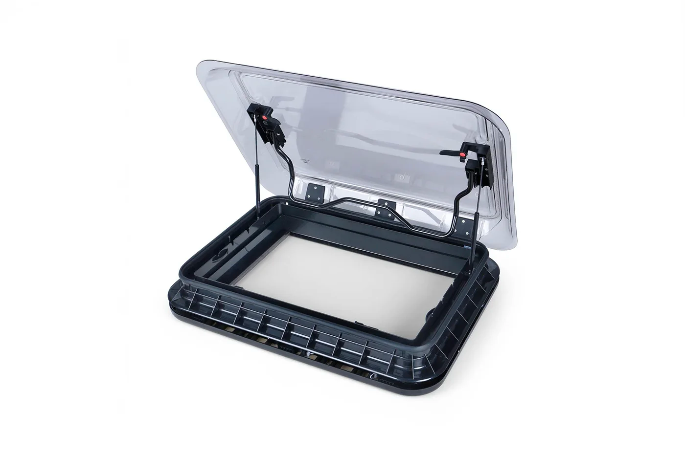 NomadicArk 700 x 500mm black interior van and RV skylight roof hatch shown open on a white background