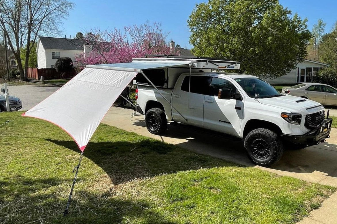 4Wheel Camper F45s 260 Awning Extension. Red Trim, Red Patch, Grey Tarp.