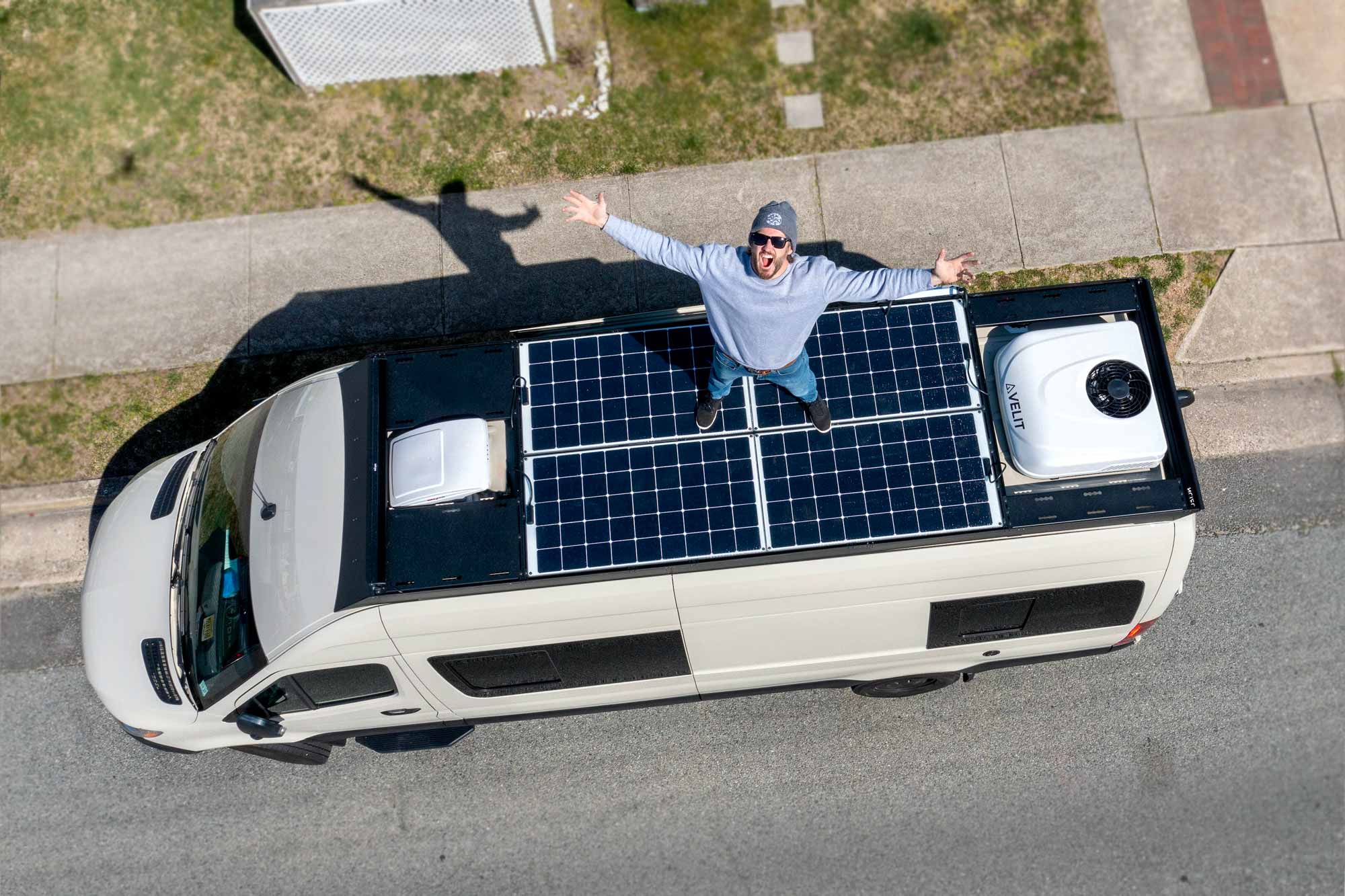 Mathers on the Map - 170 Sprinter with 4 - 150 watt walkable marine solar panels on an orion van gear roof rack