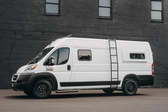 White ram promaster 159 extended with orion van gear roof rack and ladder