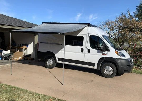 Orion Van Gear Roof Rack shown on a 136" wb Promaster with Black Fiamma F45s 300 (manual)